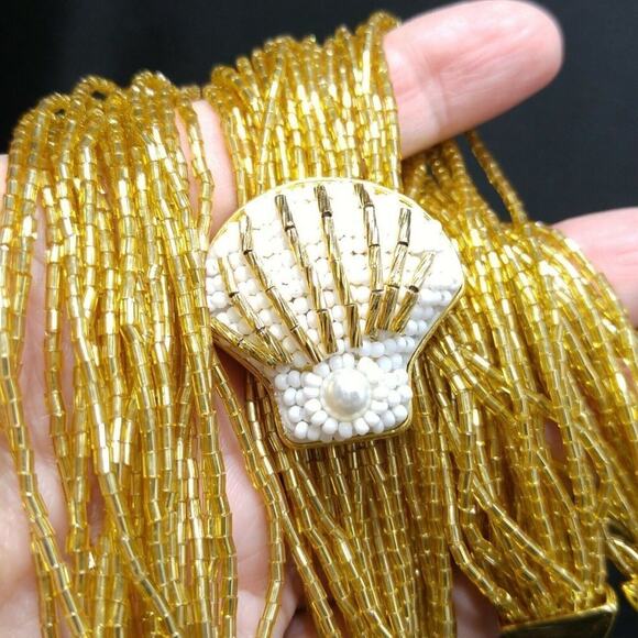 Vintage Talbots Gold Glass Bugle Beaded Necklace White Bead Shell Side Pendant - Picture 4 of 8